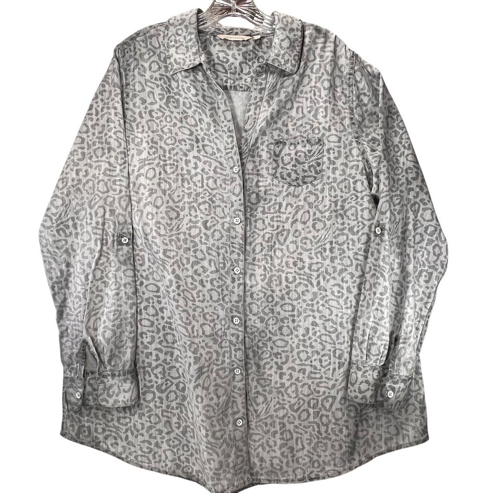 Soft Surroundings XL Gray Leopard Print Shirt Button Up Tab Long Sleeve Top